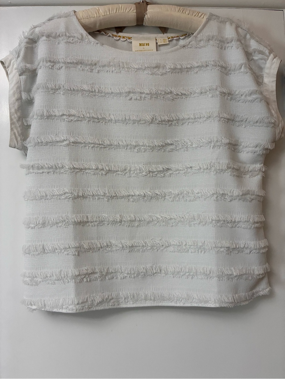 Maeve by Anthropologie White Fringe-Trim Short Sleeve Top